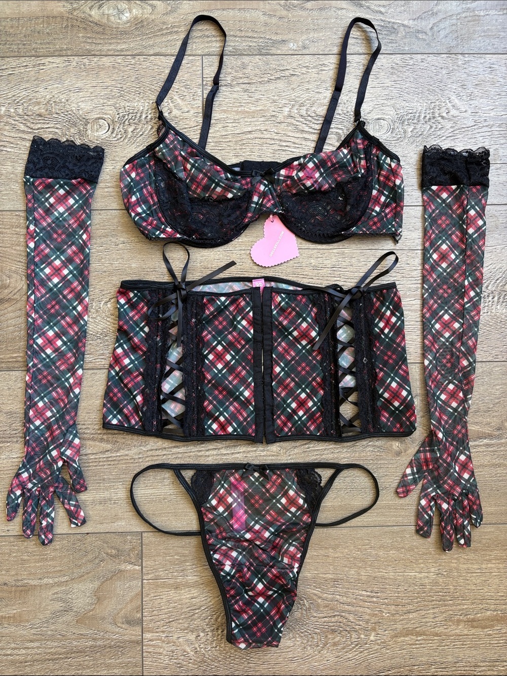 Dolls Kill Sugar Thrillz Plaid for You Black Red & Green Lingerie Set w Gloves